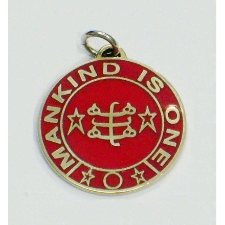Pendentif toc rond doré & rouge 'Mankind is One'' & signe