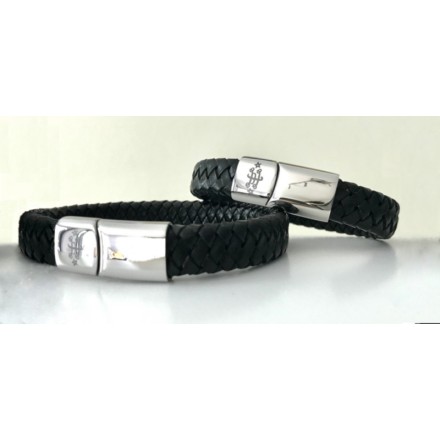 Bracelet en cuir noir/marron avec gravure signe acier