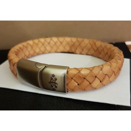 Bracelet en cuir noir/marron avec gravure signe acier