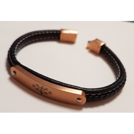Bracelet en cuir fin noir avec plaque gravée or rose & signe