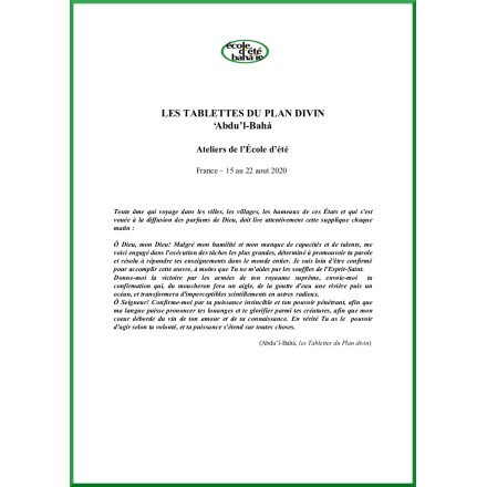 Livret école d'été : atelier étude de l'écrit de 'Abdu'l-Bahá : 'Les tablettes du plan divin'